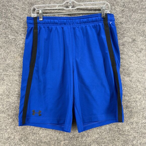 Under Armour Shorts Men L Large Blue Striped Mid Rise Heat Gear Pull On Regular - Picture 1 of 8